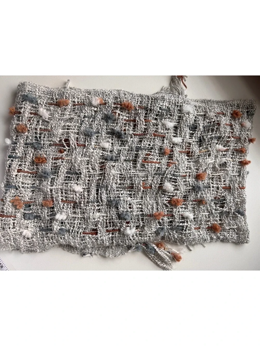 Boho Art Yarn Scarf Textured Gray Rust Fringe Artisan Eclectic Womens Statement